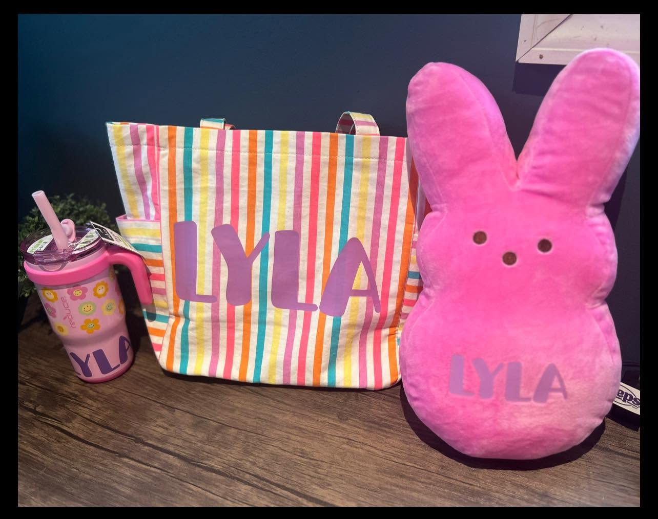 Personalized tumbler, tote bag and stuffed animal